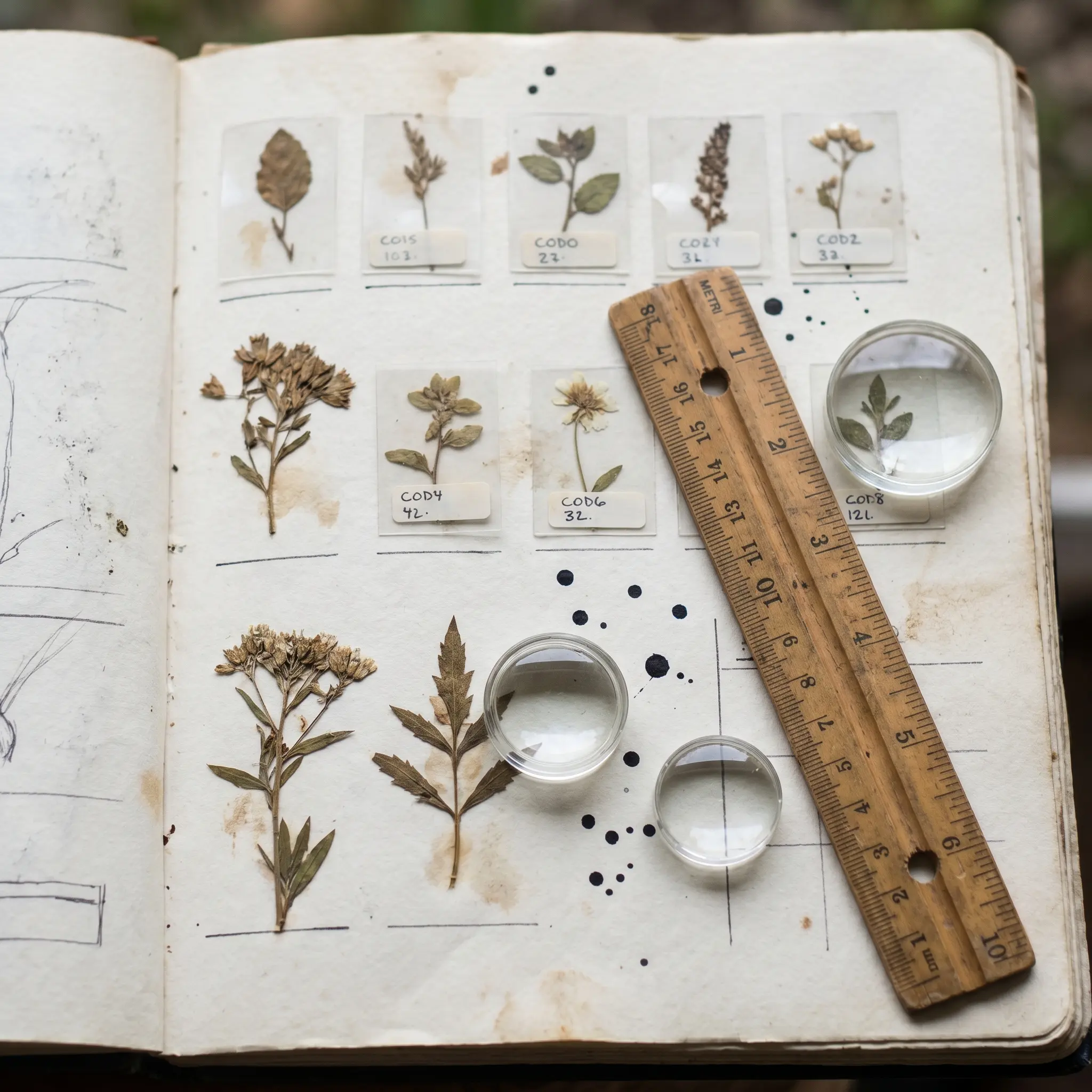 Prompt specimens arranged as field samples with calibration tools