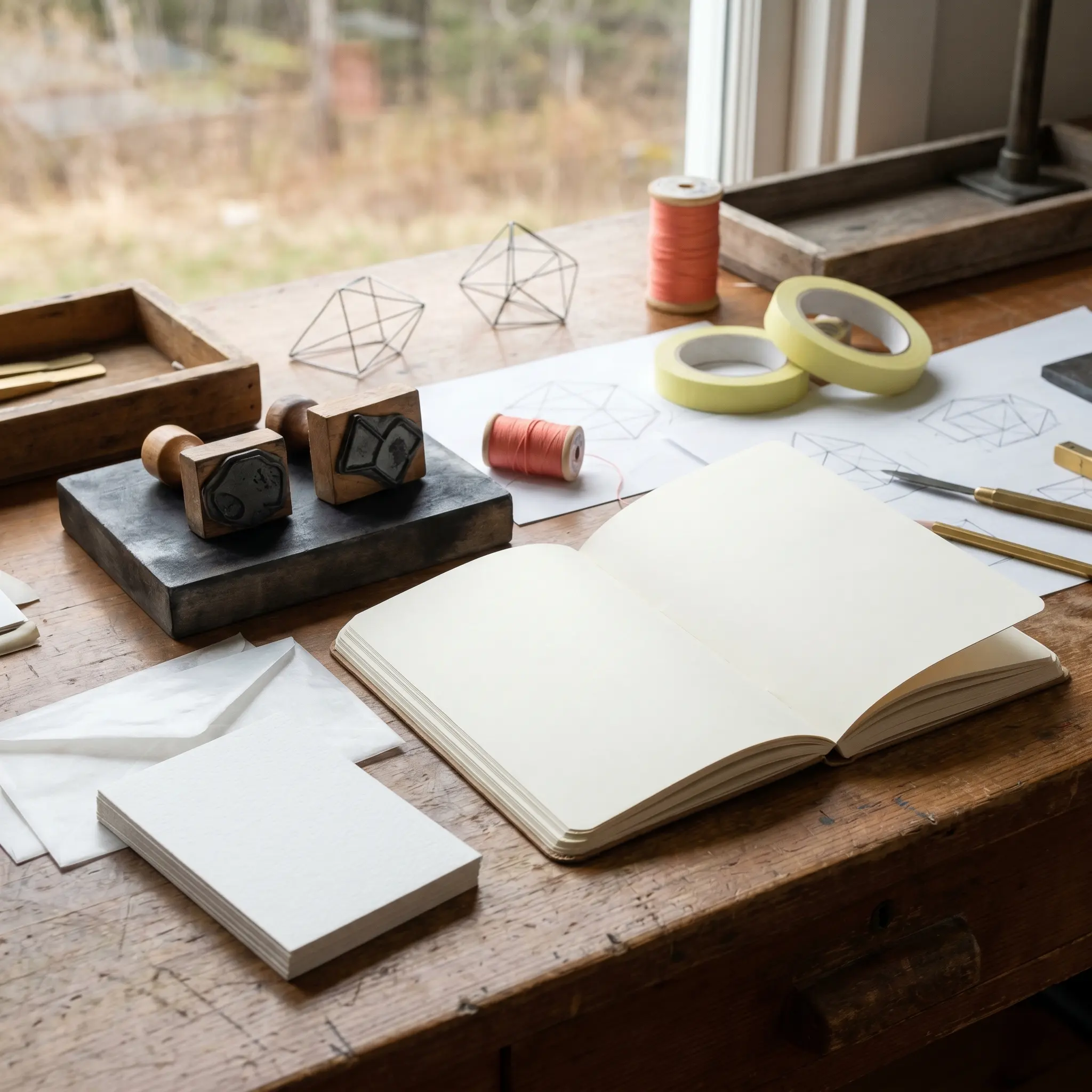 Research desk with blank correspondence cards and abstract model traces